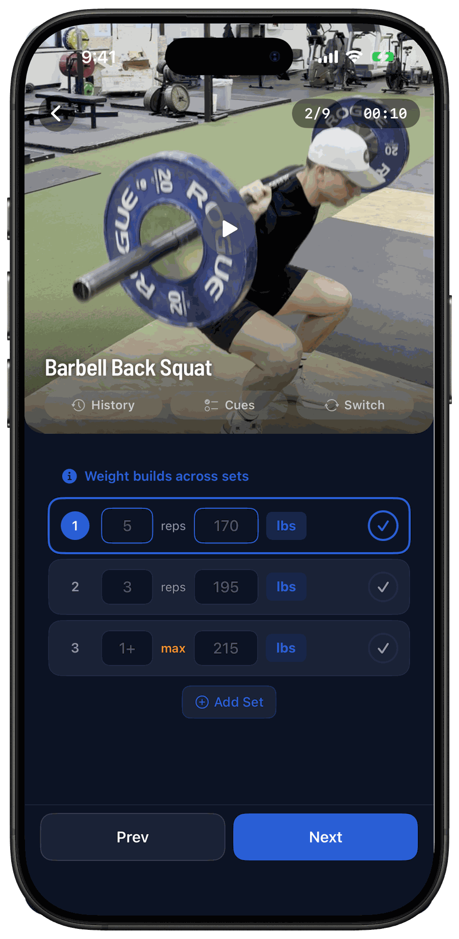 FitCove set logging for Barbell Back Squat — video demo, and prescribed sets building 170 to 215 lbs with a final max set